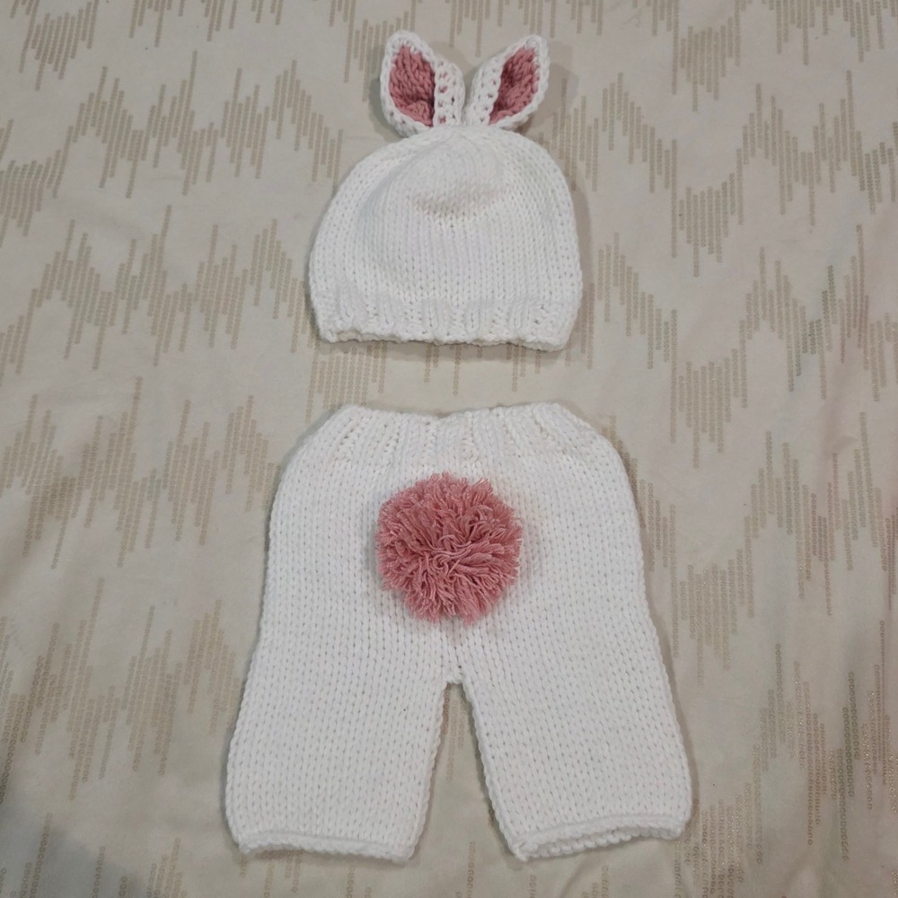 Handmade Baby Bunny Knit Outfit Set White Pink Beanie Pants‎ Easter Photo Prop
